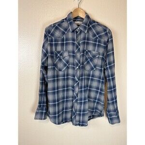 Wrangler Wrancher Shirt Men’s L Pearl Snap Plaid Blue Rodeo Western Ranch Cowboy